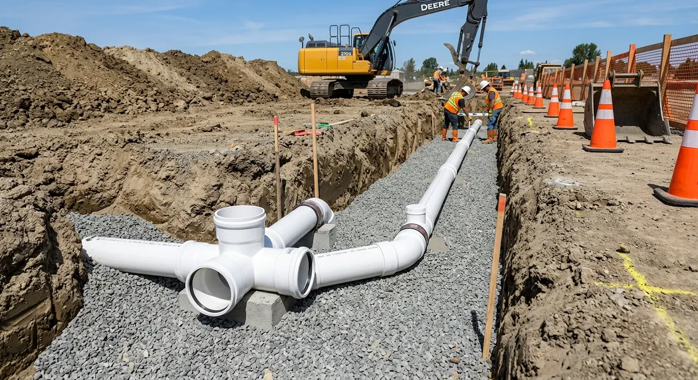 New PVC sewer pipe installation in open trench for Sewer Backup in Mount Morris