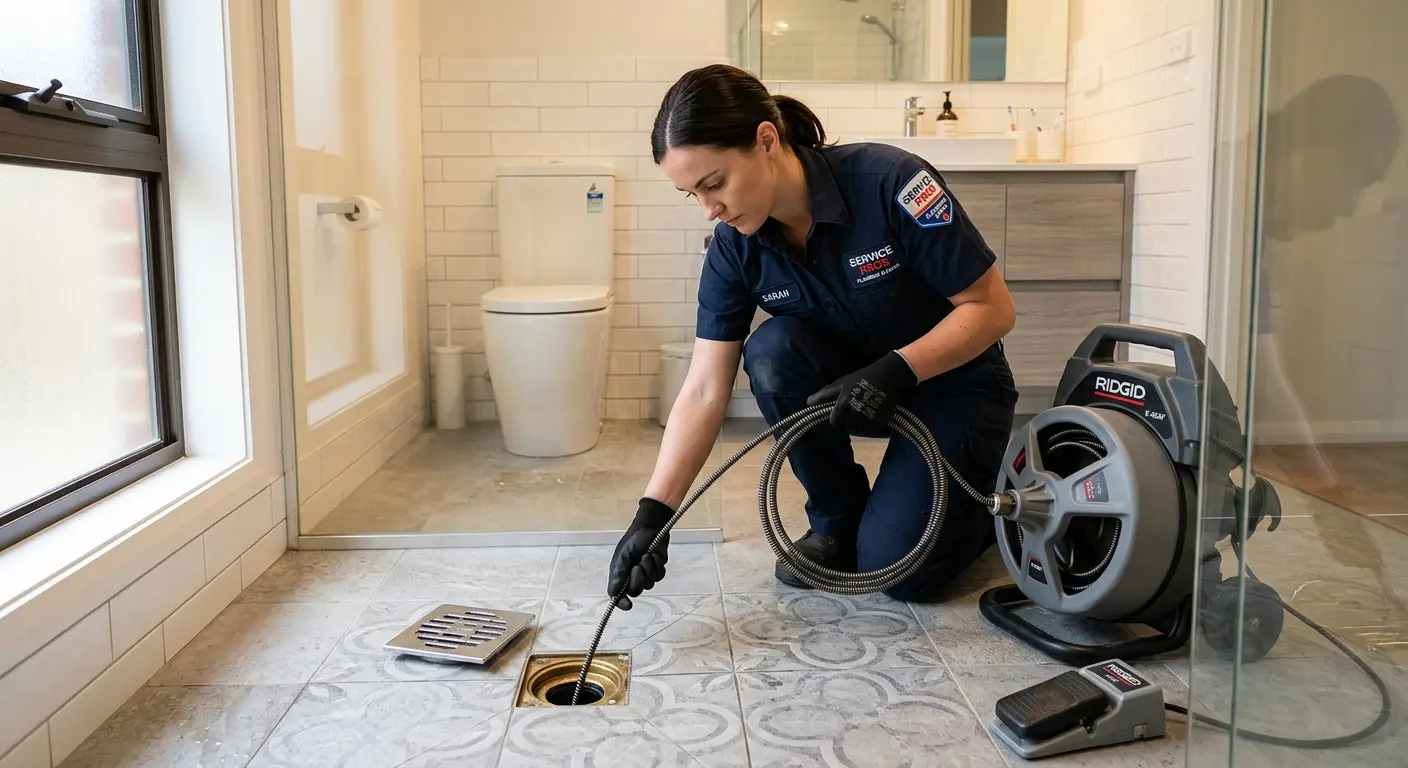 Technician clearing a bathroom floor drain for Hydro Jetting in Mount Morris